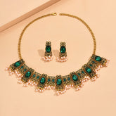 Vintage Green Gemstone & Pearl Choker Necklace Set